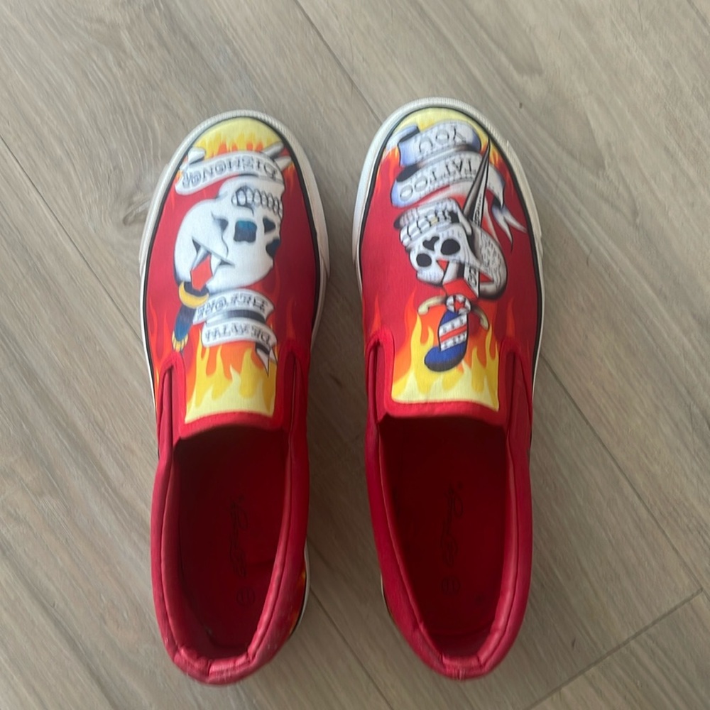 Ed Hardy red canvas slip on sneakers